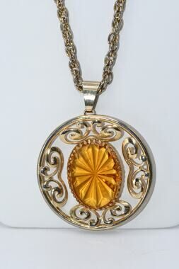 Vintage Amber Glass Sunburst Pendant Necklace Gold Tone 24 Inch